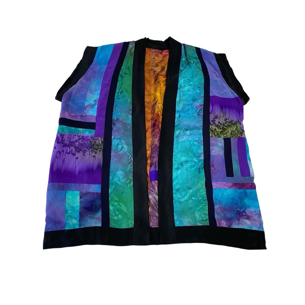 Art to Wear Silk Patchwork Vest Open Front Boho Artisan Kimono Style XL/2X OOAK